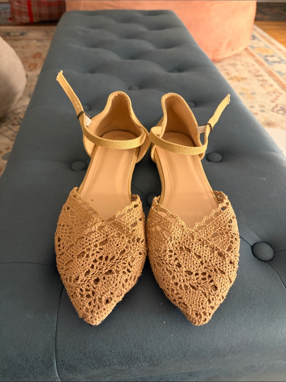 Crochet Strappy Pointed Flats in Tan